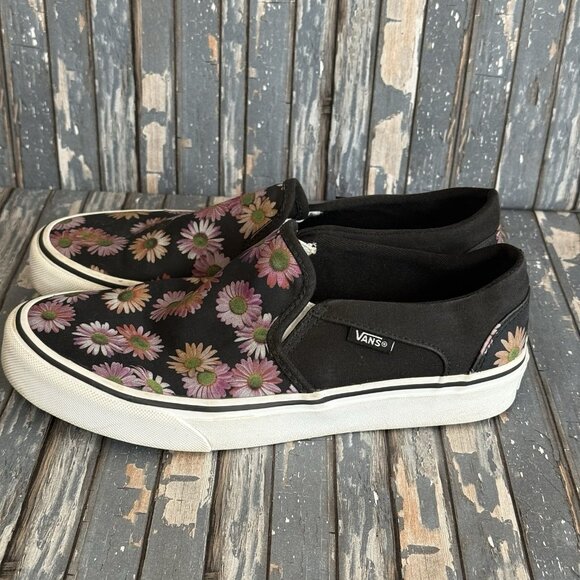 Vans Asher Dark Floral Womens Shoes Size 7.5 Slip-On Black Pink Skate - Picture 6 of 10